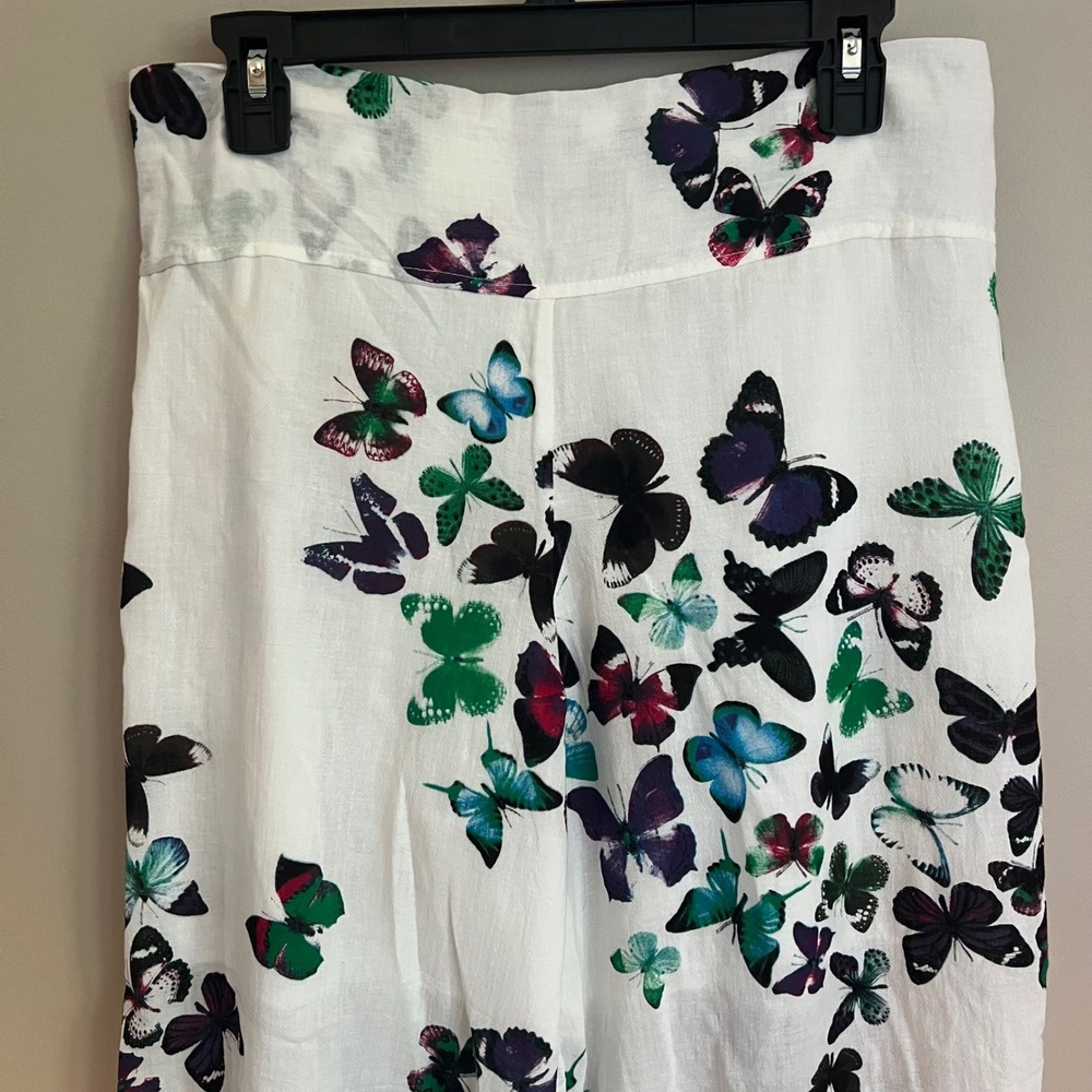Harem Pants White Cotton Butterfly Allover Print Wide Leg Ruched Boho Pull On - Picture 2 of 8
